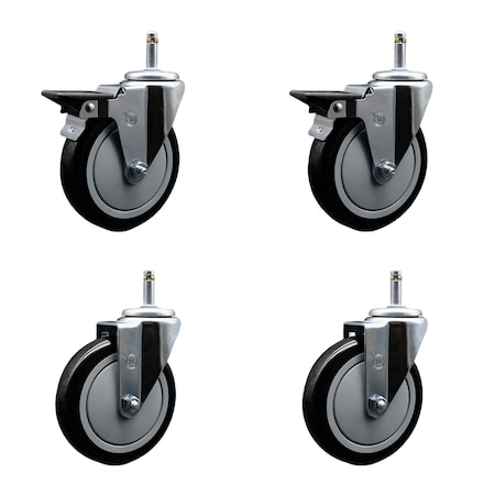 Service Caster 5'' Black Poly Wheel Swivel 7/16'' Grip Ring Stem Caster Set 2 Brakes, 4PK SCC-GR20S514-PPUB-BLK-PLB-716138-2S2